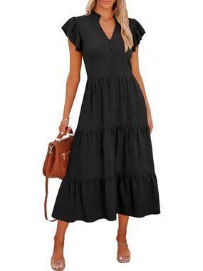 Caracilia Women's Black Floral Neck Button Ruffle Sleeve Flowy Beach Midi Dress